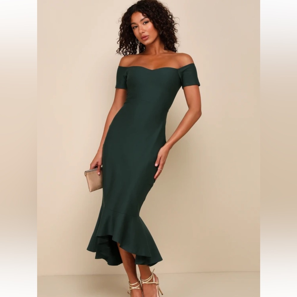 Lulus Dark Green Off the Shoulder Midi Dress